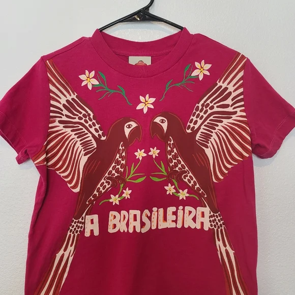 FARM Rio Pink Parrots A BRASILEIRA Cotton Graphic Tee Size XS - Picture 5 of 8